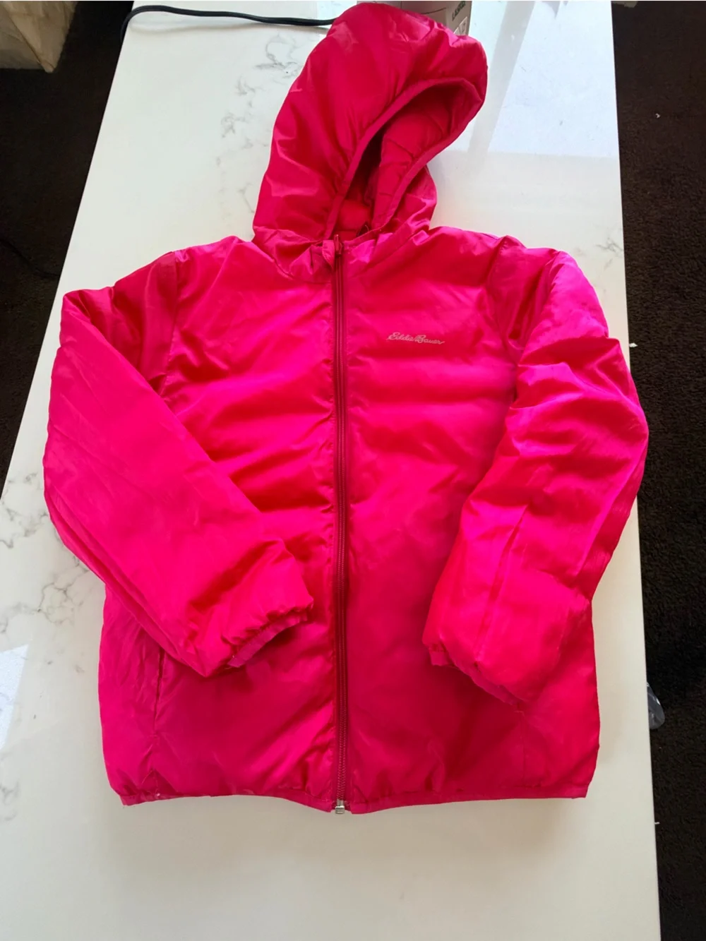 Eddie Bauer Girls Bright Pink Hooded Puffer Jacket Reversible